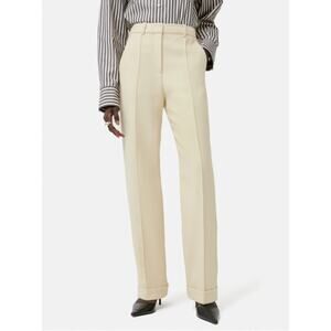 Jigsaw Harley Turn Up Trouser Ivory Tailored Straight‎ Leg Pant Wool Cotton 10